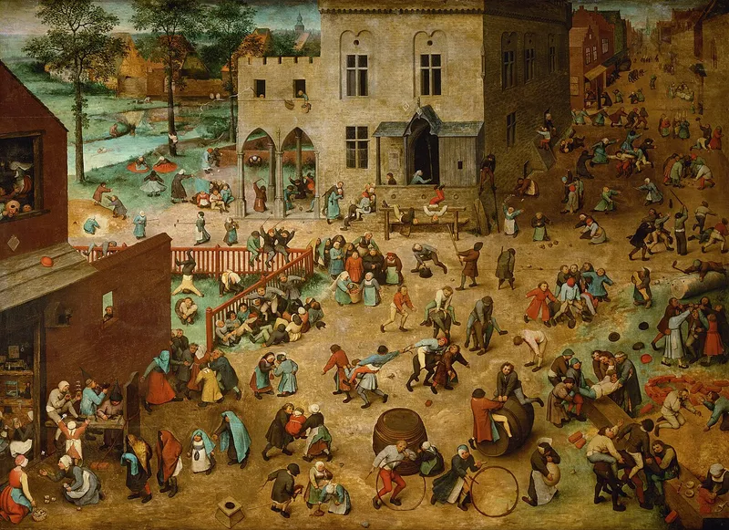 Painting showing dozens of children playing various games in a town square
