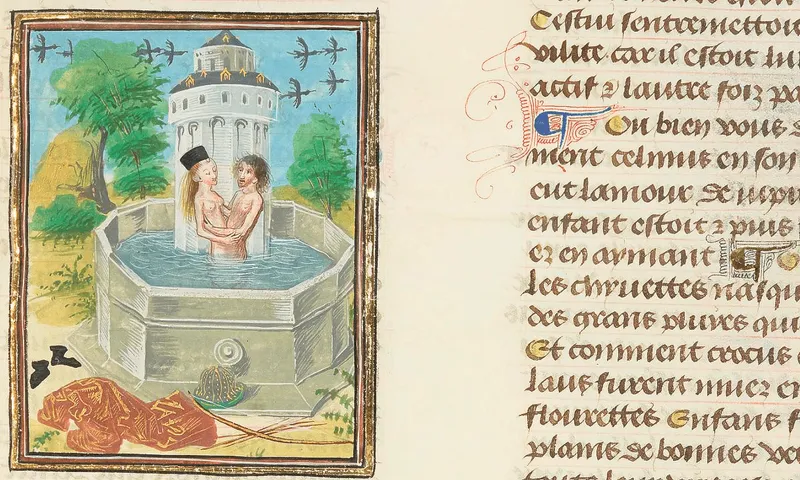A miniature of Salmacis and Hermaphroditus in a a manuscript. Ovide Moralisé. Credit: BNF.