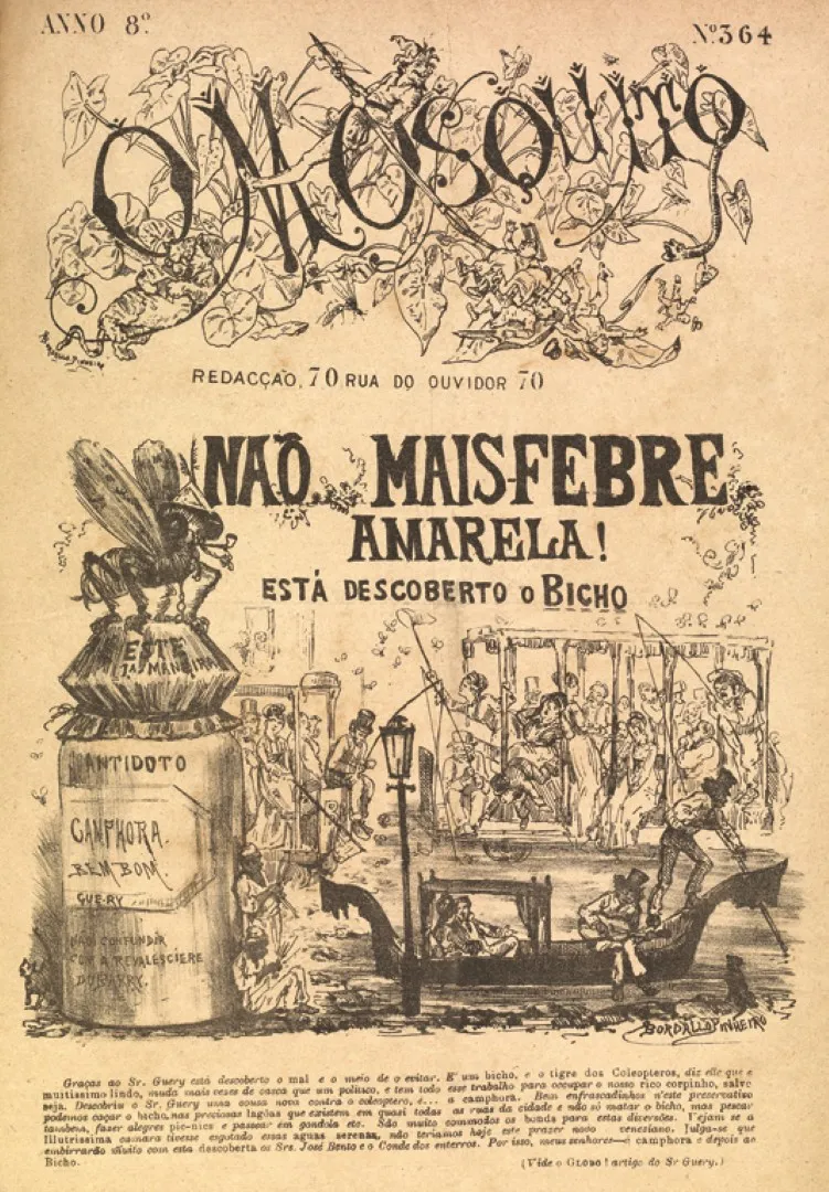 Satirical cover of O Mosquito, celebrating the identification of the mosquito as the vector of yellow fever, mocking earlier theories and cures. (Image source: Hemeroteca Digital Brasileira)
