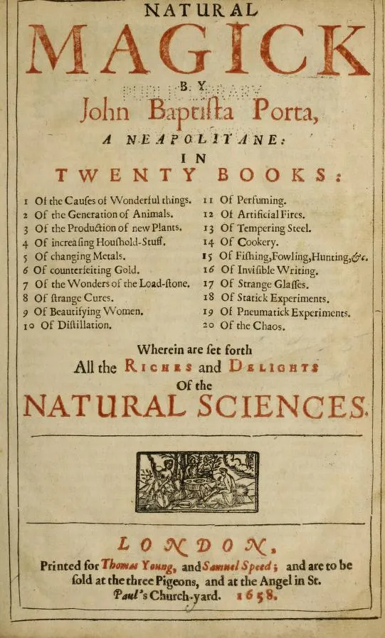 The title page of the 1658 English translation of Magia Naturalis, which published the book's alarming recipes for faking virginity in full.