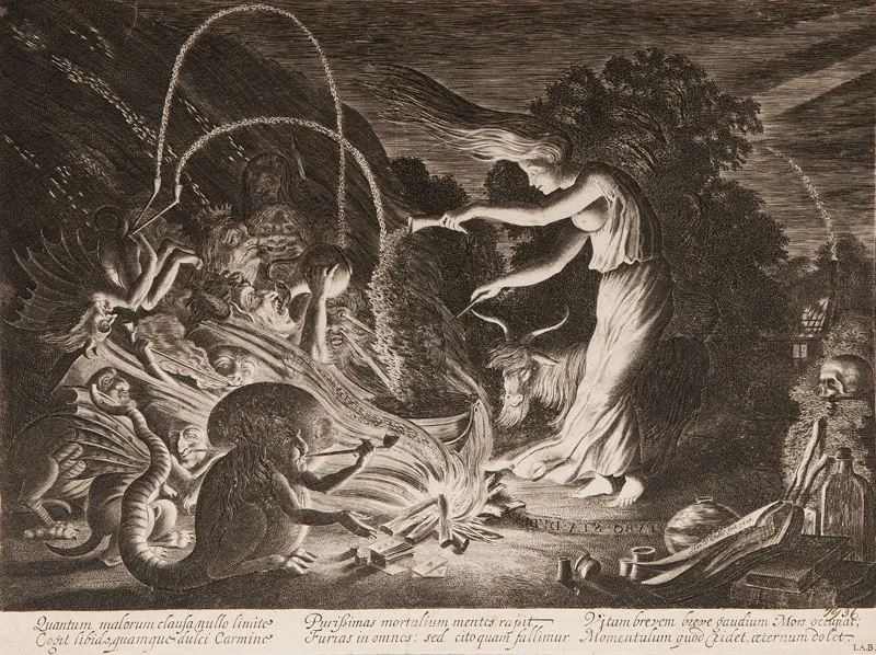 An engraving depicting a witch preparing a potion, surrounded by demonic figures. (Public Domain)