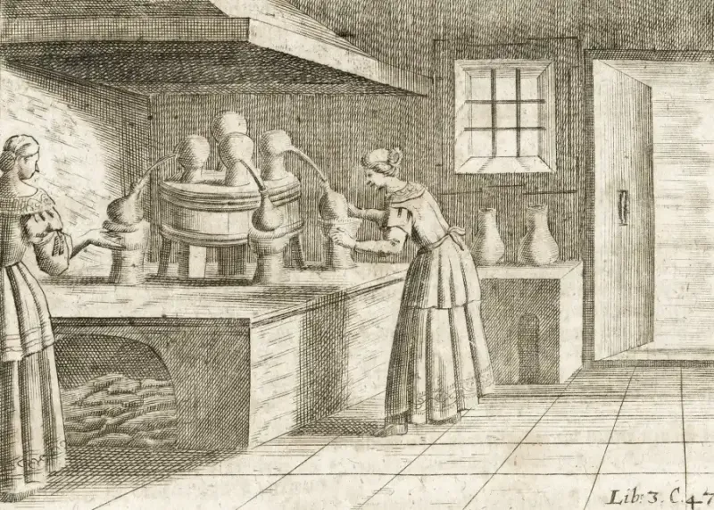 Renaissance women engaging in alchemical practices, showcasing their involvement in scientific endeavors.