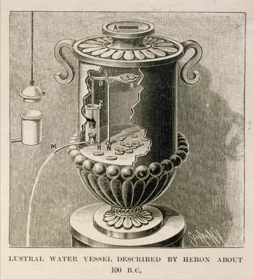 Diagram of Hero of Alexandria's coin-operated holy water dispenser from his treatise Pneumatica