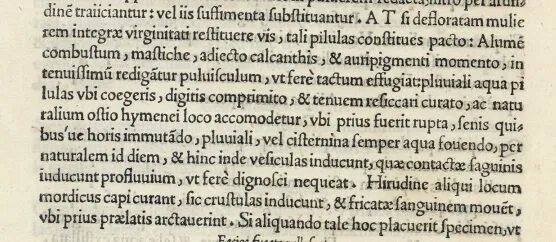 Excerpt from the Latin edition showing the "Fake virginity" recipes.