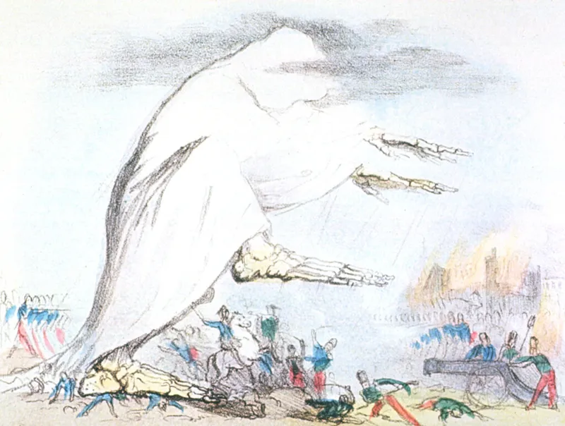 Allegorical illustration of cholera as a miasmatic force, reflecting 19th-century beliefs that disease spread through "bad air" rather than germs. (Image source: Wellcome Collection)