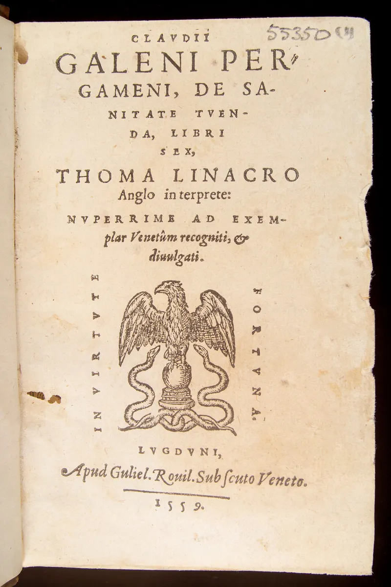 Title page of "De Sanitate Tuenda" by Galen, 1559 edition