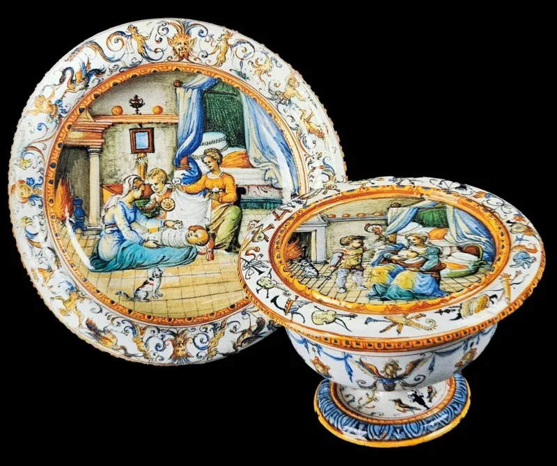 Luxurious maiolica ceramics illustrating a domestic birth scene, showcasing the festive and nurturing environment surrounding childbirth.