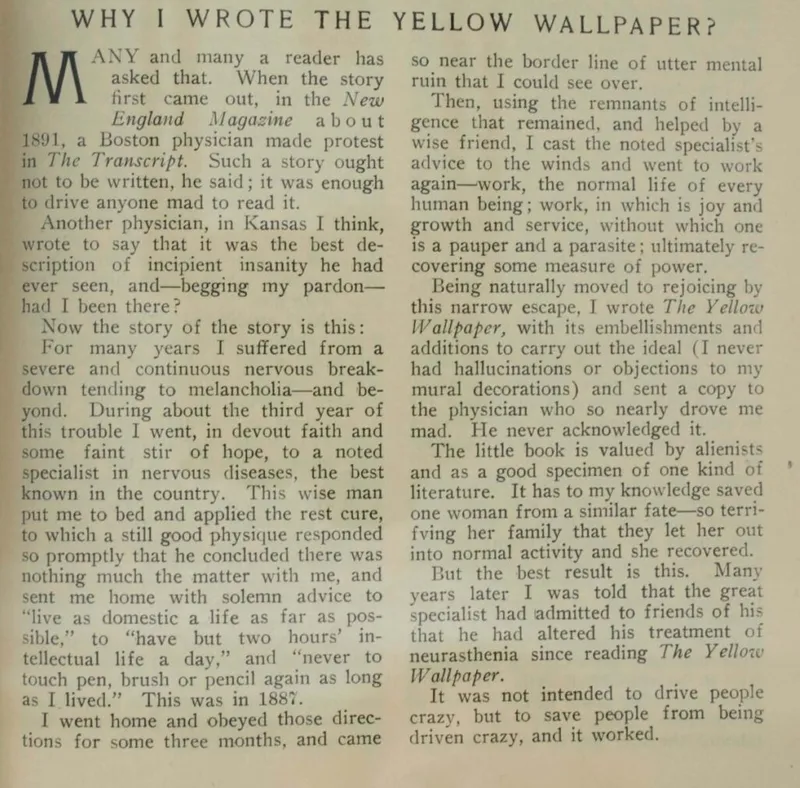 Why I Wrote The Yellow Wallpaper – Charlotte Perkins Gilman’s 1913 explanation of the personal experience that inspired her story. (Image credit: Public domain)