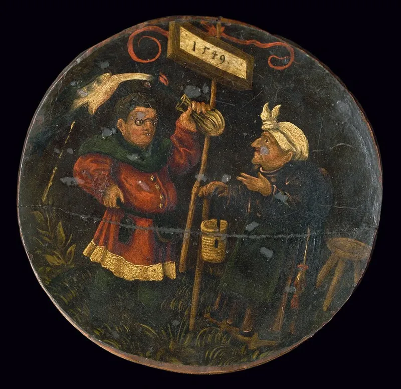 A satirical image showing a physician comically inspecting urine, reflecting growing scepticism towards uroscopy. (Wellcome Collection)