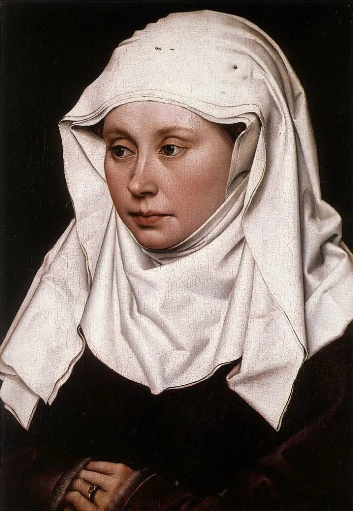 Portrait of a woman, by Campin, wearing a coif. (c.1430)