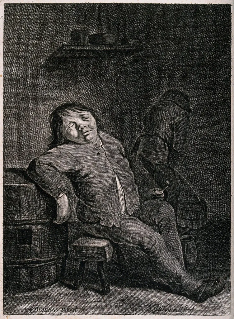 An engraving by Adriaen Brouwer showing a man sleeping against a barrel. (Credit: Wellcome Collection)