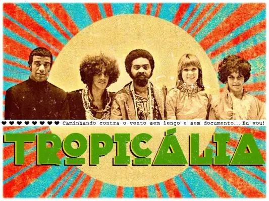 A poster featuring key figures of the Tropicália movement, which challenged the dictatorship through music and art.