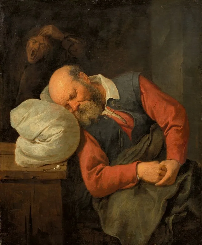 A painting of an elderly man napping, with a yawning figure in the background. (Public Domain)