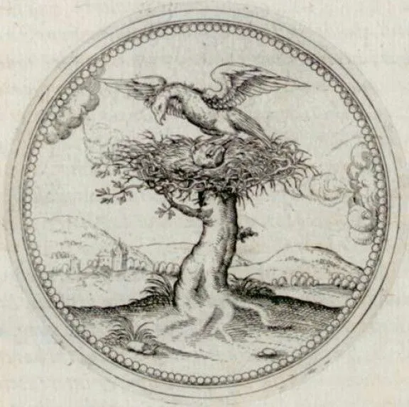 Medieval illustration of an eagle's nest and the eagle holding the stone.