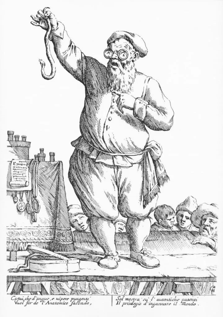 A c. 1660 drawing of a quacksalver (or quack) holding a snake, by G. M. Mitelli. Credit: Wellcome Images