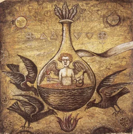 An alchemical illustration depicting a winged homunculus in a vessel, surrounded by birds.