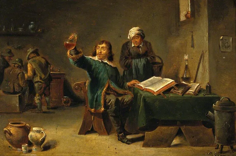 A physician carefully examining a urine sample against the light, a common technique to observe its colour and clarity. From a 17th-century painting by David Teniers the Younger.