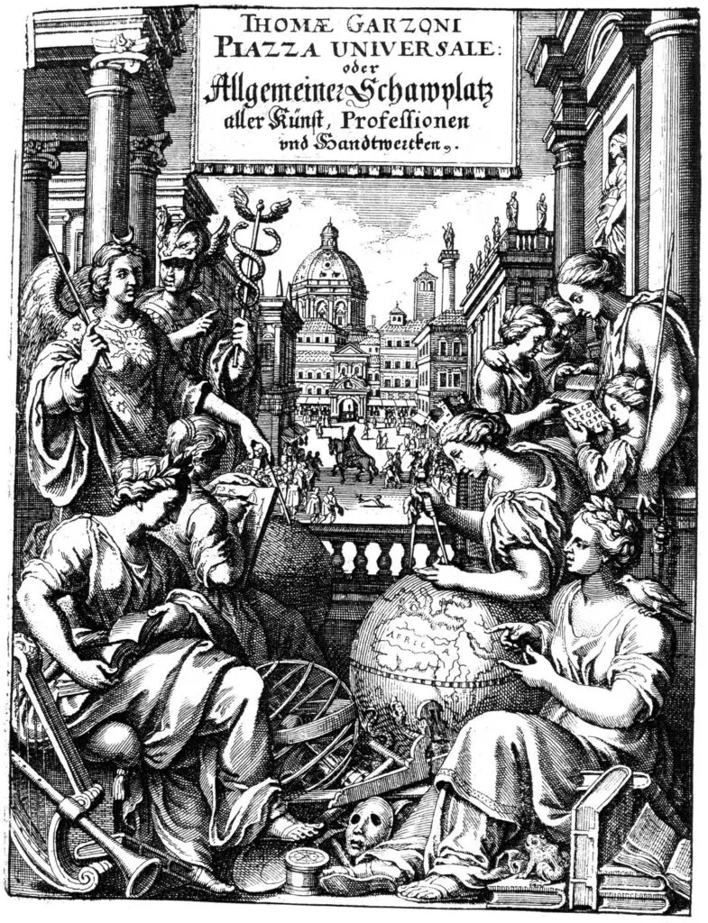 Frontispiece of Tommaso Garzoni's 'Piazza Universale', depicting various professions of the world in the Renaissance.