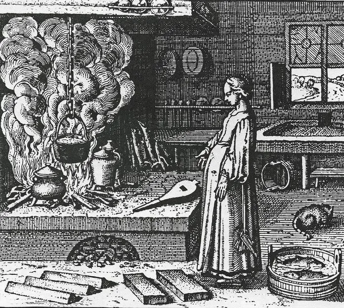 Engraving of a woman cooking.