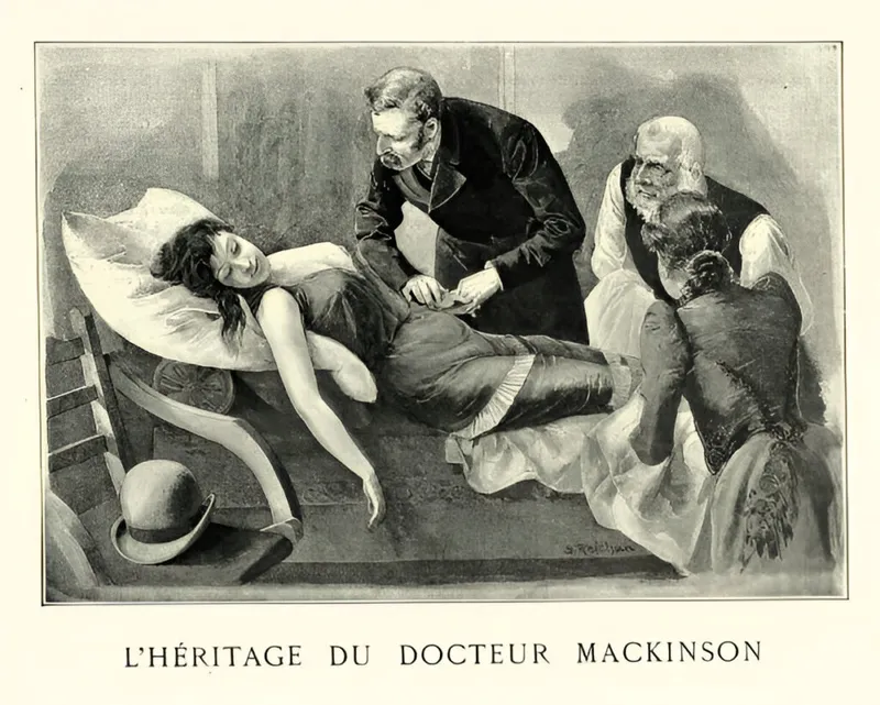 An illustration showing a doctor performing a medical procedure on a reclining patient, symbolizing medical practices in Victorian Times.