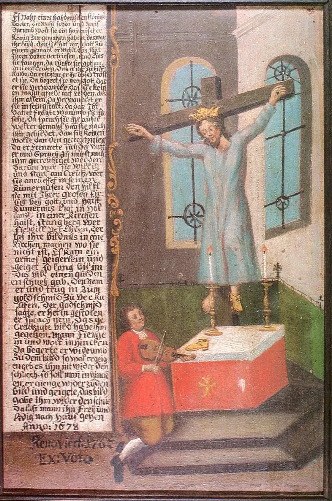 A late 15th-century drawing on St Wilgefortis on a German manuscript. (Wikimedia Commons)
