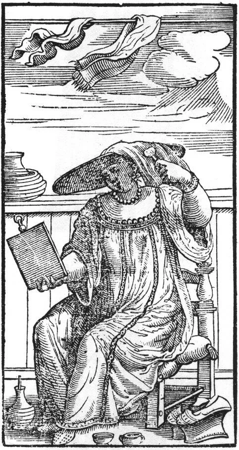 A venetian woman dying her hair in the roof of a house (altana), wearing a sun hat (solana).