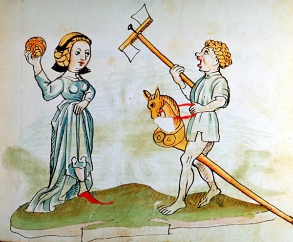 An illustration of children playing games in the late Middle Ages, showing early forms of toys and games.