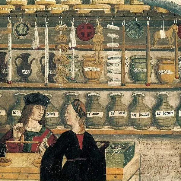 An apothecary’s shop, 15th-century fresco (Anonymous), at Castello di Issogne (Northern Italy). Credit: Bridgeman Images