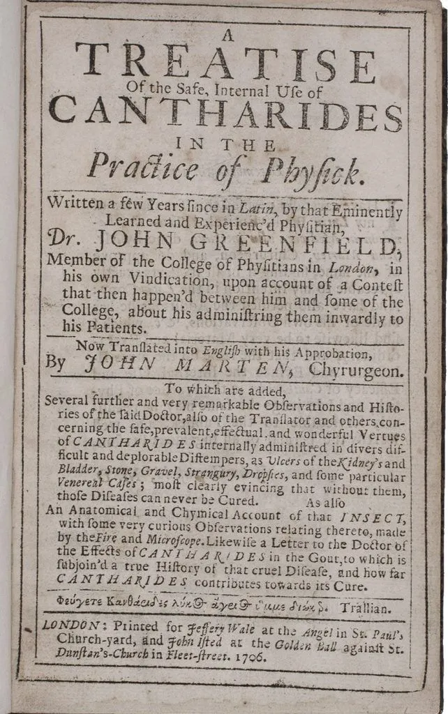 An 18th-century book on the medical uses of cantharides ('Spanish fly'). (Credit: Biblio)