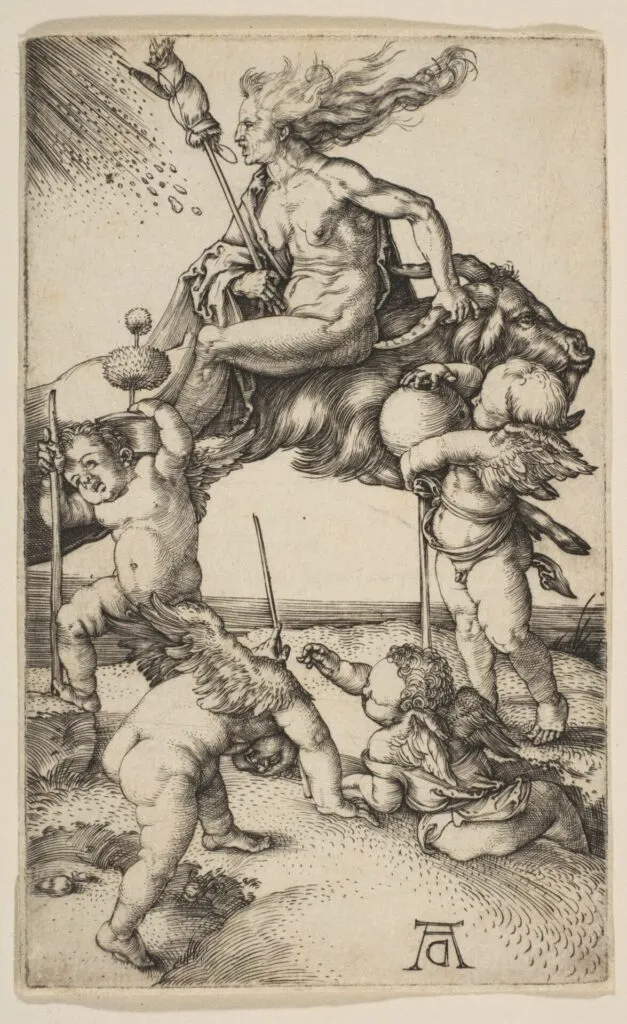 "Witch Riding Backwards on a Goat" by Albrecht Dürer (circa 1500), an engraving that reflects the era's fascination with the occult and magical practices. Credit: The Metropolitan Museum of Art, New York