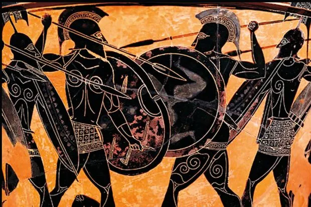 Greek soldiers (hoplite fight), c. 600 BCE. (Wikimedia commons)