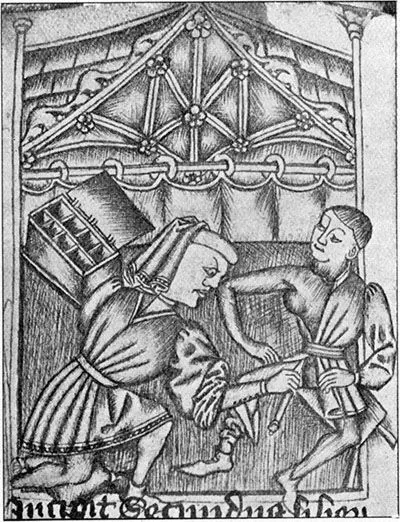 A man being tread in Guy de Chauliac’s Chirugia Magna. Credit: Bristol City Library