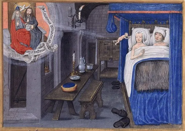 An illumination of the moment of ensoulment. The scroll quotes the passage about humans being made in God’s image. (Jean Mansel, Vie de Nostre Seigneur Jésus Christ, 15th century). Credit: BNF