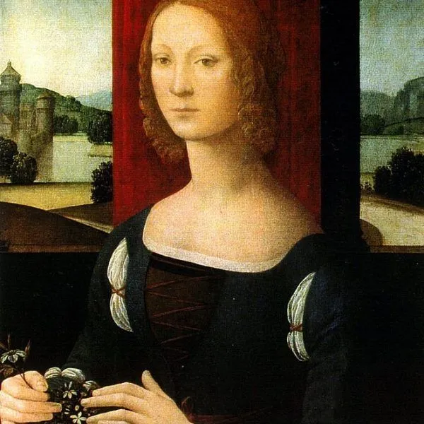 Caterina Sforza’s portrait by Lorenzo di Credi (La dama dei gelsomini), c. 1481-1483. Depicted holding jasmine flowers, to hint at her herbal knowledge.