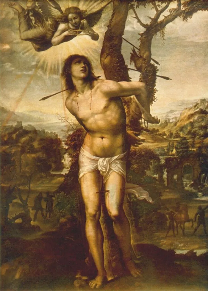 Saint Sebastian enduring martyrdom with a calm expression.