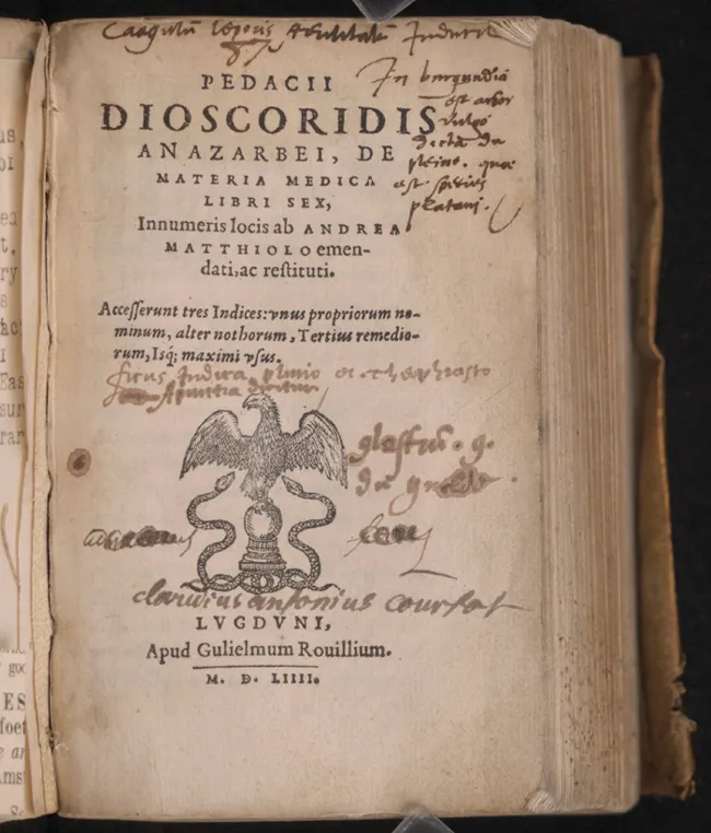 Title page of Dioscorides' "Materia Medica" with annotations.