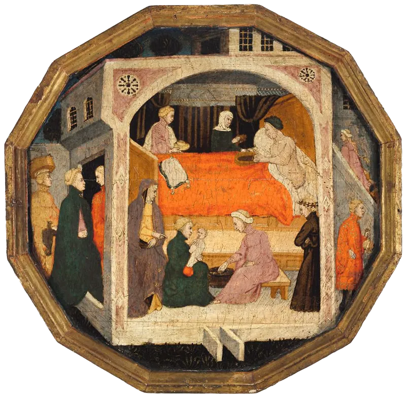 Master of Charles of Durazzo, c. 1410) - A richly detailed birth tray illustrating the communal and festive nature of childbirth in Renaissance Italy.