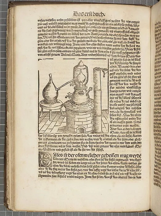 Woodcut from De Alchemia showing distillation. Credit: Public Domain