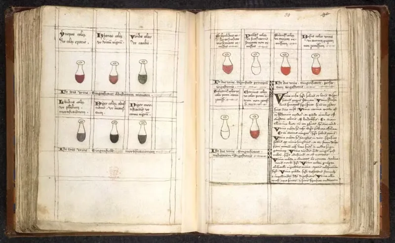 A medieval urine colour chart categorising health conditions based on urine colours and sediments. (Image from Bodleian Library, MS Savile 39, f. 7v)