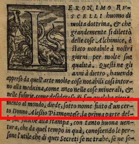 Girolamo Ruscelli's use of the pseudonym Alessio Piemontese in his alchemical writings.