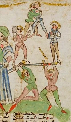 Medieval manuscript depicting physical exercises and activities.