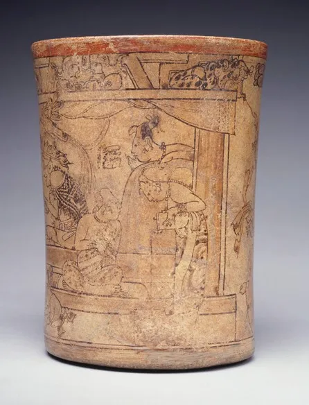 The Princeton Vase, a Late Classic Maya ceramic vessel depicting a woman pouring chocolate from a height to create foam