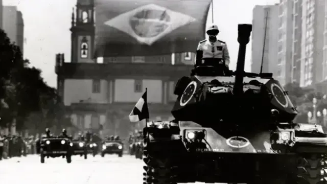Military tanks patrol the streets of a Brazilian city during the height of the military dictatorship